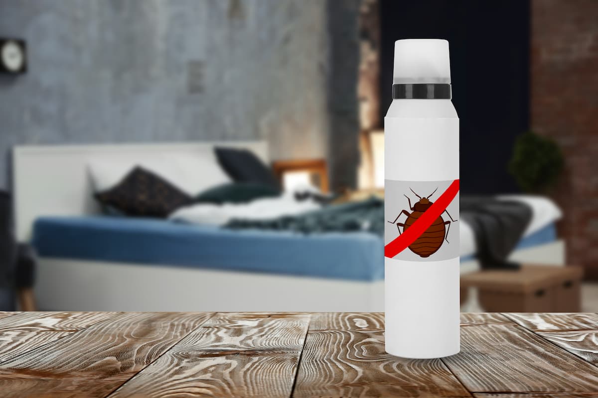 A bottle of anti-bed bug spray in the bedroom. 