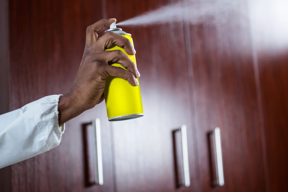 A hand spraying a cockroach spray in a room. 