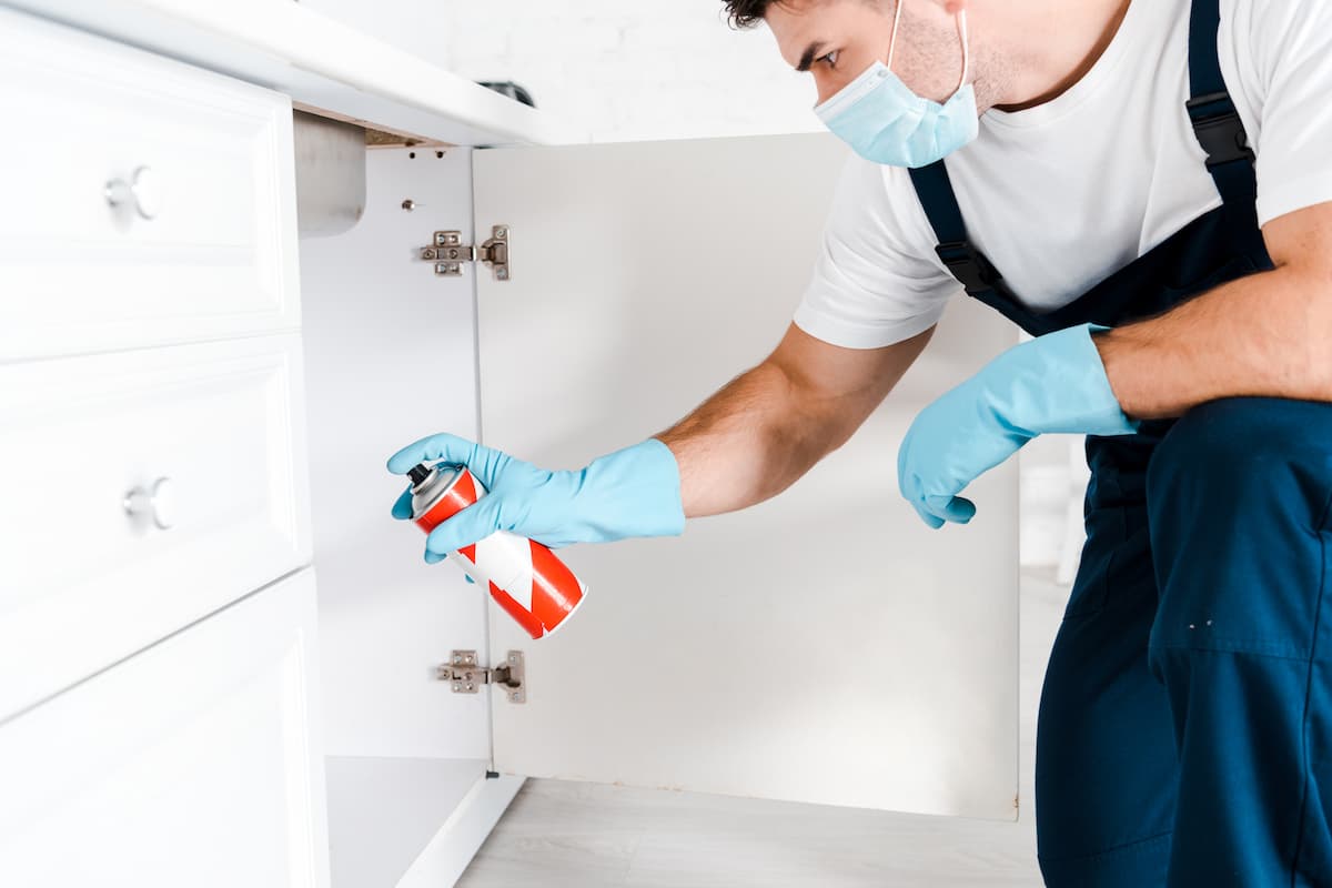 An exterminator in a protective mask holding a spray can near the kitchen cabinet.