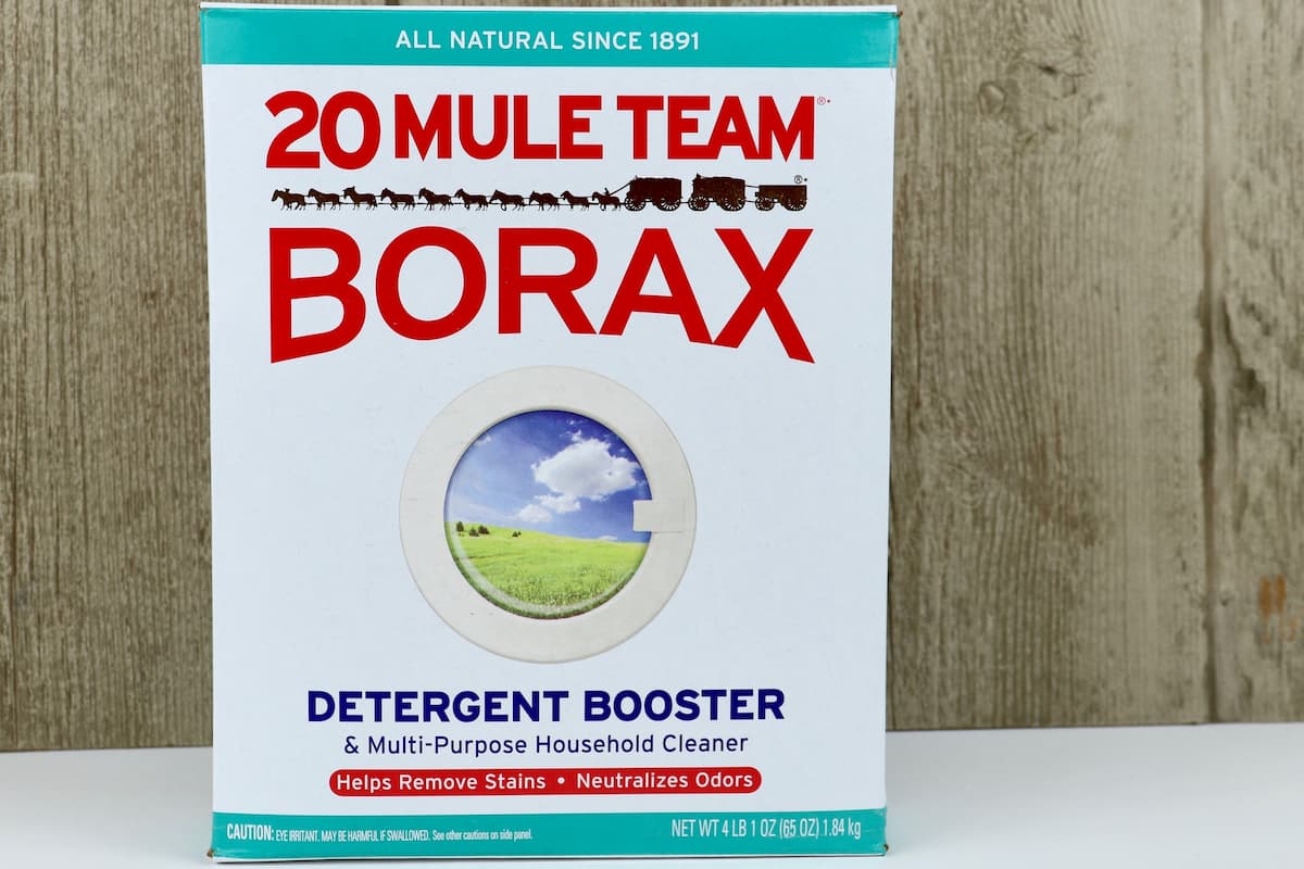 Close-up photo of a box of borax.