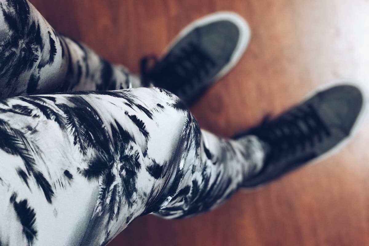 A black and white print leggings in focus. 