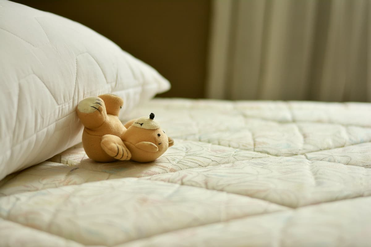 A stuffed toy on a mattress beside the pillow.