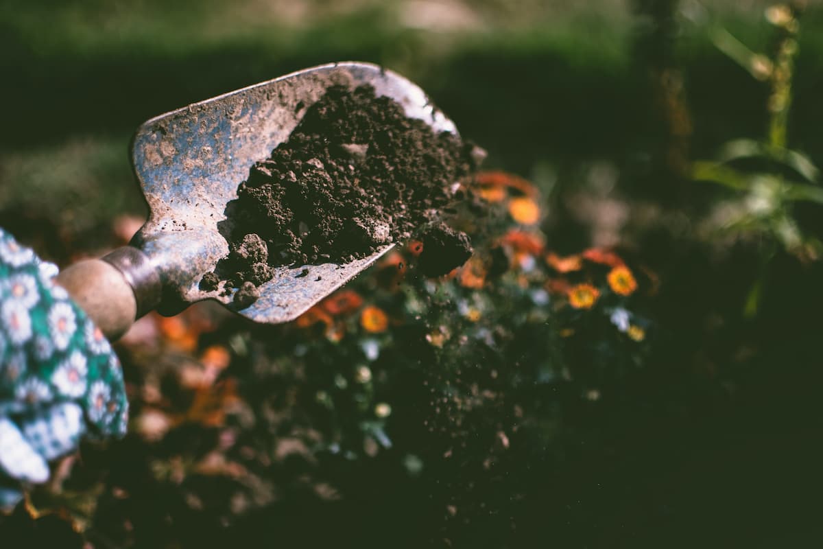 A person is digging soil using a garden shovel. 